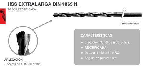 Broca HSS ExtraLarga Rectificada DIN 1869 N L=125-295.