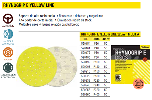 Disco Grip Rhynogrip E Yellow Line Ø225 mm Multi Agujero.